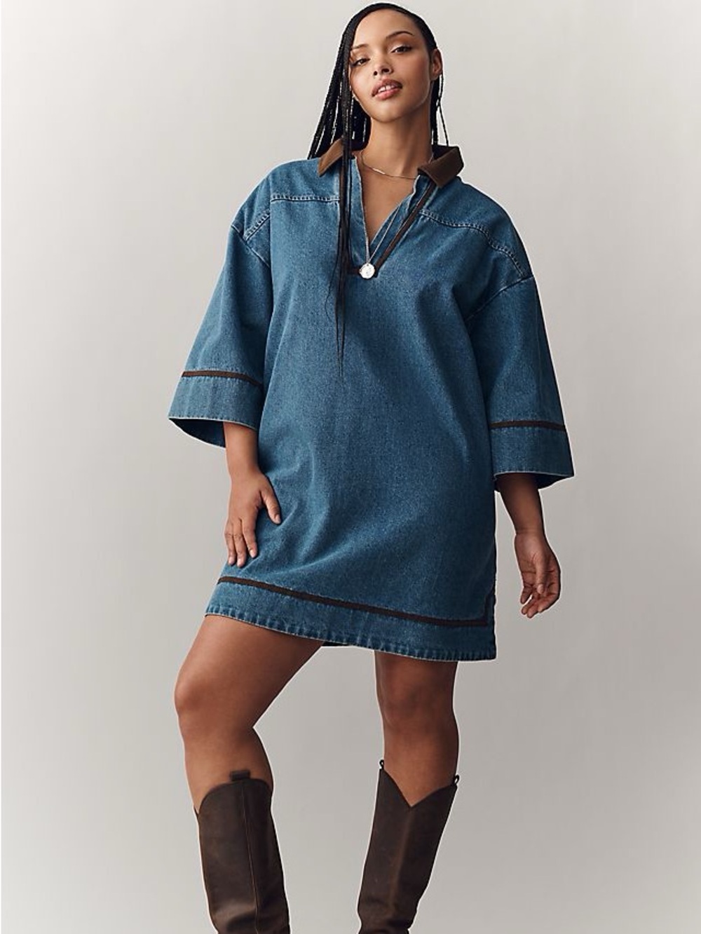 Anthropologie Blue Denim-Style Mini Dress with Brown Trim